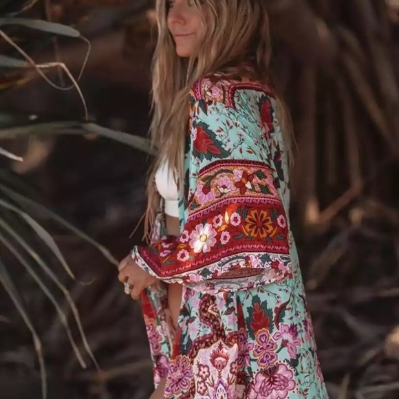 Colorful Red Mint Peacock Floral Bohemian Boho Duster Wrap Kimono Coverup Robe - Picture 4 of 11
